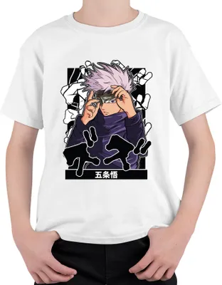 Obrázek produktu pro 五条悟 Jujutsu Kaisen Satoru Zavázané oči Bílé vlasy Estetika Anime Uni dětské tričko, Bílá, 116
