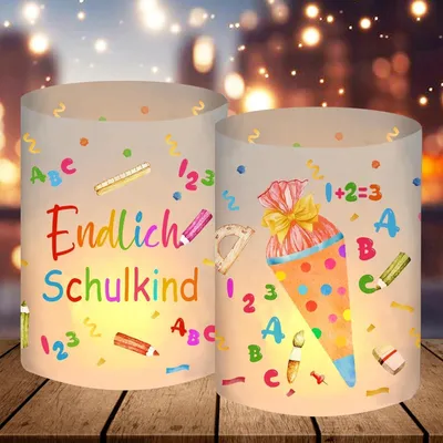 Productafbeelding van Windlicht, tafeldecoratie, 12 stuks, thema: schoolstart, schoolkind, 2024, decoratie voor de eerste schooldag