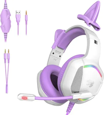 Produktbild von Gaming Headset mit abnehmbaren Cat Ears | Surround Sound, Noise Cancelling, Mikrofon, RGB Licht, 3.5mm für PC & Konsole