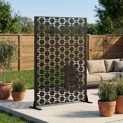 Produktbild von Sichtschutz Raumteiler Metall Outdoor 183x116cm Freistehender Sichtschutzzaun Wetterfest Dekopaneel Trennwand mit Standfuß Balkon Terrasse Garten Schw