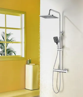 Produktbild von Duschsystem mit Thermostat,Duscharmatur Komplettset mit 3 Strahlarten Handbrause, Duschset Quadratisch Regendusche Duschkopf 88-125cm Duschstange Regendusche mit Armatur 30X20cm Uberkopfbrause(Chrom)