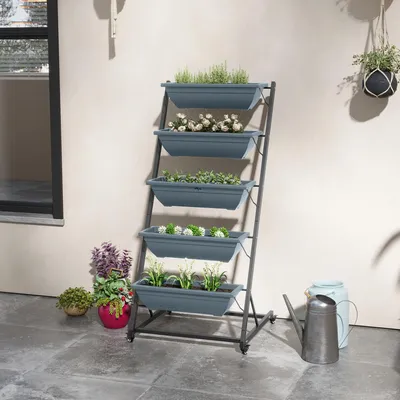 Produktbild von Pflanzentreppe 5 Stufen stapelbar, Blumentreppe Pflanzenregal wetterfest, Stahl-Kunststoff, Grau | 65 x 67 x 145 cm | 4 Drainagelöcher