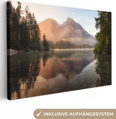 Produktbild von MuchoWow® - Leinwandbilder - Landschaft - Nebel - Wasser - Bäume, Wandbild, Wanddeko Bilder Wohnzimmer, 120x80 cm
