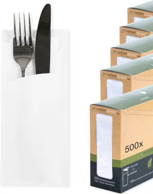 Produktbild von Bestecktasche Prime Fit in Weiß 85 x 190 mm, mit 2-lagiger Tissue-Serviette in Weiß - 500 Stück