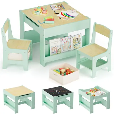 Image de Ensemble de meubles pour enfants Clevich en bois avec espace de rangement, comprenant une table pour enfants et 2 chaises, de couleur verte