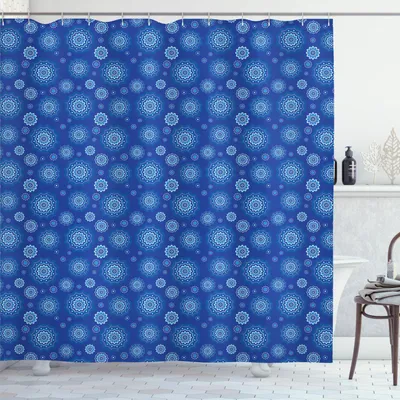 Zdjęcie produktu dla ABAKUHAUS Niebieska zasłona prysznicowa Mandala, powtarzalny wzór z kwiatowymi płatkami i kropkami, mroczny wzór kwiatowy, 175 x 180 cm, błękitny fioletowo-niebieski