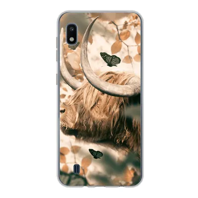 Produktbild von MuchoWow® Handyhülle Schutzhülle Hülle für Samsung Galaxy A10 Schottische Highlander - Schmetterlinge - Blätter Silikon Softcase Handy Hülle - Schutzhülle