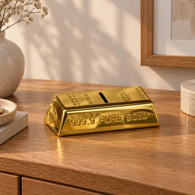 Imagen del producto de Hucha grande con forma de lingote de oro, color amarillo dorado, de 16 cm de alto, con llave