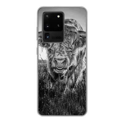Produktbild von MuchoWow® Handyhülle Schutzhülle Hülle für Samsung Galaxy S20 Ultra Schottischer Highlander - Schwarz und Weiß Silikon Softcase Handy Hülle - Karteninhaber