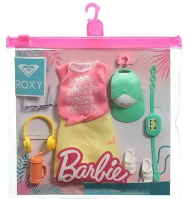 Image de Coffret tenue vacance : jupe jaune et top rose + casquette et accessoires pour poupée barbie - vêtement - habit - mattel - grd60