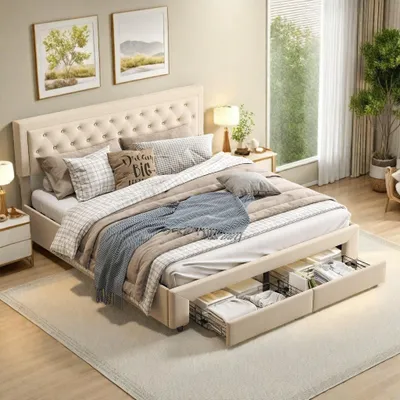 Image de Lit 160x200 avec espace de rangement. Lit double avec tiroirs, sommier à lattes, revêtement en velours beige, sans matelas