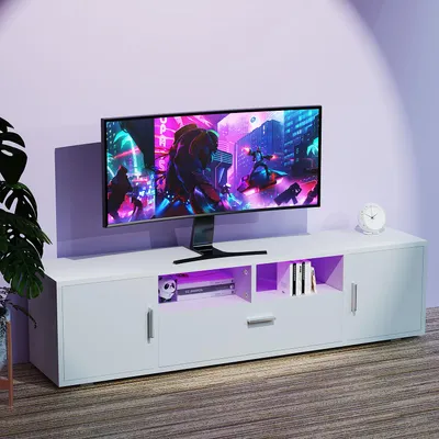 Produktbild von OYAJIA 160cm TV-Schrank Fernsehkommode, Hochglanz TV Schrank, mit 16 Farben LED Beleuchtung  2 offenes Regalfach,3 Ablagen mit Griff Klapptüren