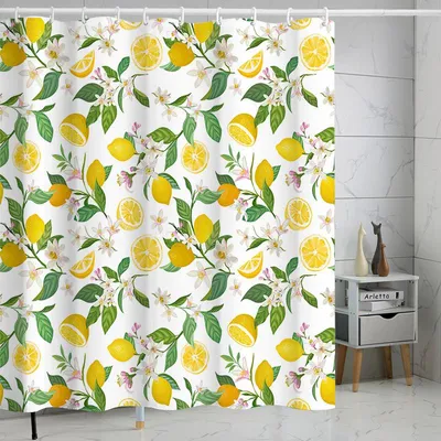 Produktbild von Duschvorhang, 180 x 180 cm, Zitronenblattmuster, beschwerter Saum, schimmelresistent, wasserdicht, waschbar, Polyester, mit 12 Ösen und Ring
