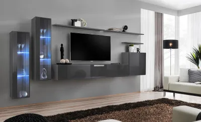 Produktbild von Grau Wohnwand Wohnzimmer Wandregal TV-Ständer Luxus Garnitur Einrichtung Moderne