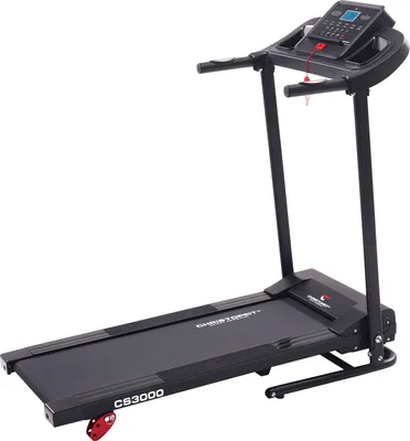 A black treadmill with red accents is shown against a white background.
