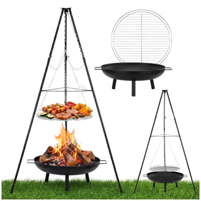 Produktbild von Springos® Hängender Grill mit Feuerstelle – 3-beiniger Grillrost 51 cm und Garten-Feuerkorb 58 cm, stufenlos höhenverstellbar, bis 500 °C hitzebeständ