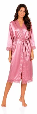 Produktbild von Damen Satin Morgenmantel lang mit Spitze – Kimono Bademantel aus 100 % Polyester, weich & glänzend Altrosa M