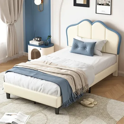 Produktbild von Polsterbett mit weichen Schutzkanten Kinderbett Einzelbett Stabile Bettfüße Elegantes gepolstertes Kopfteilprofil 90x200cm Weiß+Blau