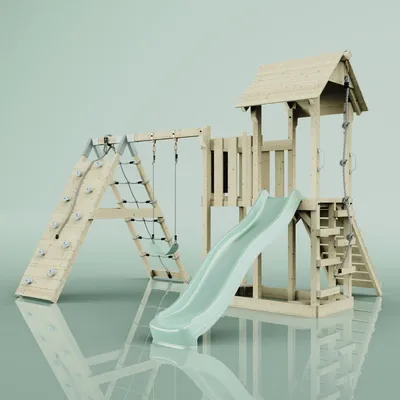 Produktbild von OutdoorToysOutdoor Spielturm mit Wellenrutsche, Klettergerüst mit Kletterturm, Kletterwand und Klettwernetz, Ausführung: Kinderschaukel, Farbe: Mintgrün, mit Kinderschaukel
