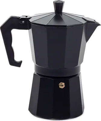 A black moka pot coffee maker is shown against a white background.