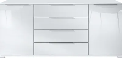 Produktbild von Vladon Sideboard Linio V2 – Moderne Kommode mit 2 Türen & 4 Schubladen, Weiß matt/Weiß Hochglanz, 166,5 x 72,5 x 35 cm (BxHxT) – Beistellschrank Anrichte Standschrank
