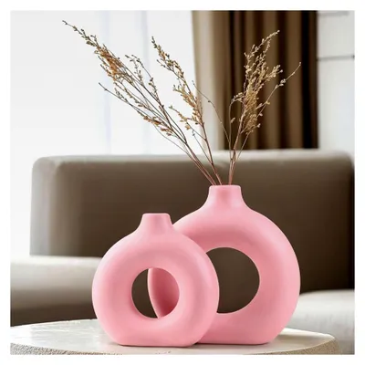 Produktbild von 2-teiliges wasserdichtes Donut-Vasen-Set, rosa matte Keramikvasen für Pampasgras, Ikebana und Tulpen, im Vintage- und Boho-Stil, ideal für Wohnzimmer, Schlafzimmer und Büro-Dekoration