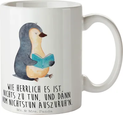 Produktbild von Mr. & Mrs. Panda Teetasse Pinguin Buch - Weiß - Geschenk, Urlaub, kaffeetasse bedruckt, Tasse, Becher, Lesen, haferl, Keramiktasse