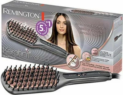 A product box for a Remington Keratin Protect straight brush, with a model and product image on the front.
