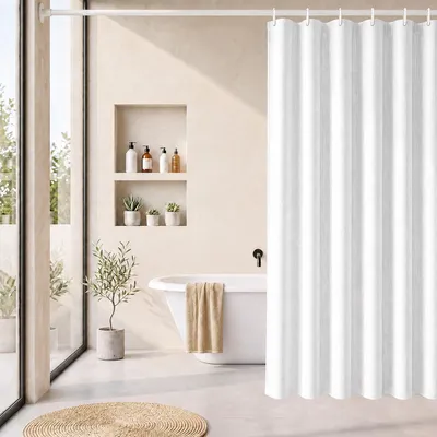 Produktbild von Textil Duschvorhang Wannenvorhang wasserabweisend Leinenoptik inkl. 8 Ringe 90x180cm Weiß