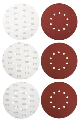 Immagine prodotto di Carta abrasiva da 225 mm con sistema di fissaggio a velcro, confezione da 15 pezzi, grane 60/100/150, per levigatrici eccentriche, adatta per legno, metallo e vernici, con 10 fori