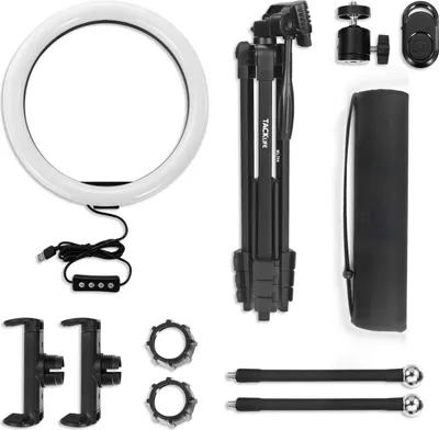 Produktbild von TACKLIFE MLT04 Selfie kruhové svetlo, statív pre mobilný telefón, 12" kruhové svetlo so statívom a 2 držiakmi na telefón, 3 úrovne farieb a jasu, živé kruhové svetlo na líčenie, nahrávanie videa