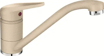 A beige kitchen faucet with a silver accent at the base and spout.