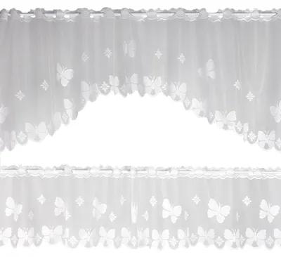 Two white lace curtains with butterfly patterns hanging on a curtain rod.
