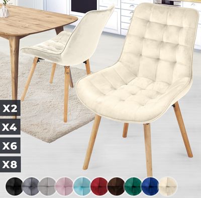 MIADOMODO® Esszimmerstühle - Creme, 2er Set, Sitzfläche aus Samt, Gepolstert, Gesteppt, Beine aus Buchenholz, mit Rückenlehne - Polsterstuhl