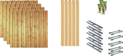 A collection of fencing elements and hardware, including wooden fence panels, wooden posts, and metal brackets and bolts, arranged on a white background.