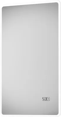 A rectangular mirror with a white illuminated border and a digital clock displaying the time.
