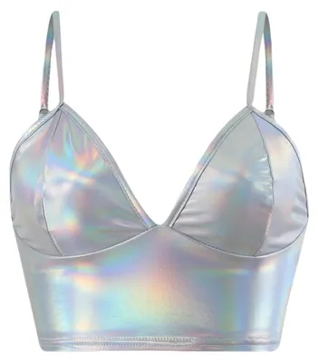 Immagine prodotto di SamHeng Top corto da donna, metallizzato, senza maniche, effetto bagnato, scollatura a V, stile camicia