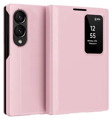 Image de Étui en cuir rabattable pour Samsung Galaxy Z Fold 8, avec fenêtre Smart View et compartiment, couleur rose