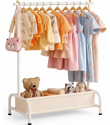 Image de Porte-vêtements pour enfants avec boîte de rangement, en métal, blanc, dimensions : 15 x 32 x 45 cm