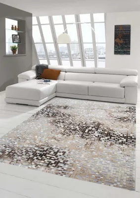 Image de Tapis design Moquette moderne Tapis de salon Tapis à poils courts avec découpe des contours avec motif en gris marron beige crème Taille - 80x150 cm