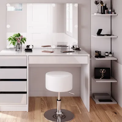 Produktbild von Schminktisch Vicco Sherry Weiß 4 Teile, mit Aufbewahrungsregal, Spiegel, Hocker, LED, Model 41627