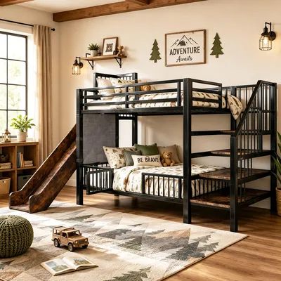 Produktbild von STILVORA Metall-Hochbett 90x200 cm mit Rutsche & Stauraumtreppe, Kinderbett mit Schutzgittertür & integrierten Regalen, Bettgestell platzsparend für Kinderzimmer Schwarz