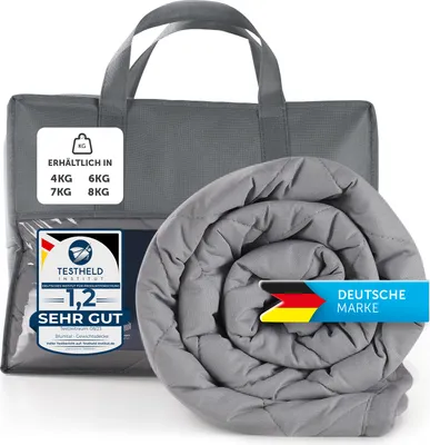 A gray weighted blanket is rolled up and placed next to its gray storage bag. There are several labels and text overlays on the image.