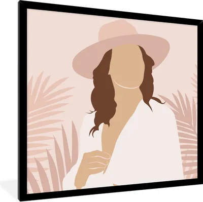Produktbild von MuchoWow® Gerahmtes Poster Frau - Hut - Laub 40x40 cm - Poster mit Schwarzem Bilderrahmen Wandposter Rahmen Foto Bilder - Mit Rahmen - Wanddekoration Schlafzimmer