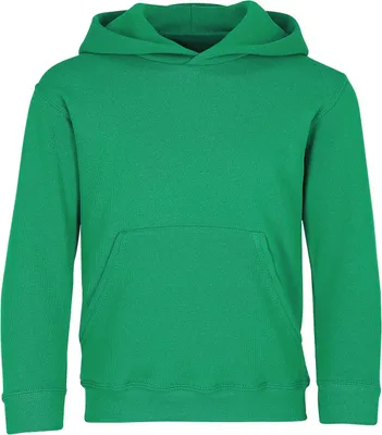 A plain studio shot of a green hooded sweatshirt for children.