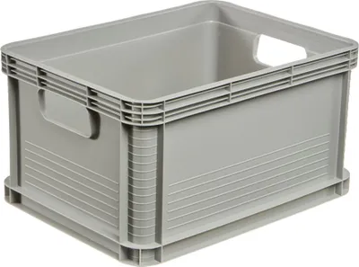 A gray plastic storage box is shown against a white background.
