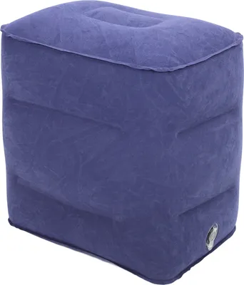 A blue inflatable footrest or ottoman is shown on a white background.