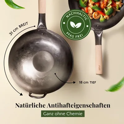 Produktbild von Unser flacher Originaler pasoli Wok 30cm, Kohlenstoffstahl