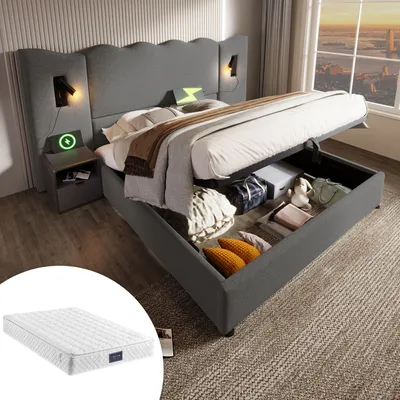 Immagine prodotto di okwish Letto imbottito matrimoniale 160x200, letto con sistema di sollevamento idraulico, contenitore, lampada da lettura e porta USB di tipo C, grigio, lino (con materasso)