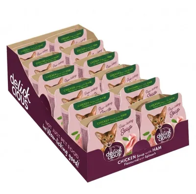 Produktbild von Delickcious Katzen-Suppe Huhn, Schinken & Spinat, 12x80 g